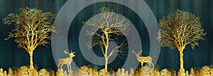 3d mural landscape wallpaper. Christmas forest trees, and golden deer. interior living room home wall decor.