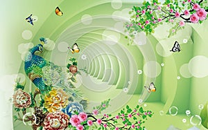 3d mural paint illustration background with flowers and mountain green tunnel wallpaper . colored peacock and butterfly