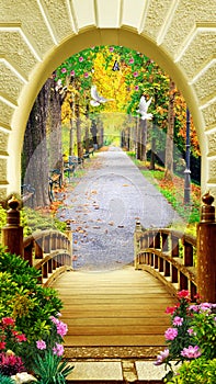 3d mural view wallpaper . old bridge and flowers with road in garden with trees and arch with pigeon .
