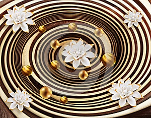 3d mural for wall . Illustration swirl with golden sphere and white flowers .