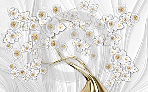 3d mural wallpaper abstract  gray background  tree with golden stem and flowers  . will visually expand the space in a small room,