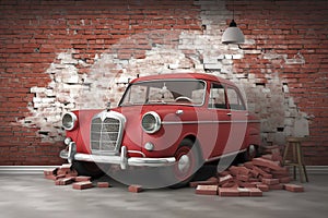 3d mural wallpaper broken wall bricks and a classic red car. world map in a colored background. for Childrens and kids bed room