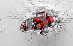 3d mural wallpaper broken wall bricks and red classic car . world map in colored background suitable for Childrens and kids bed r