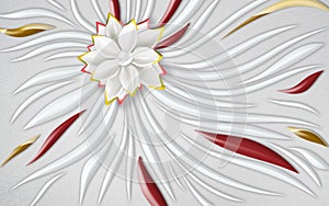 3d mural wallpaper decoration Abstract fractal fantastic golden flower . gray and red color in light gray background