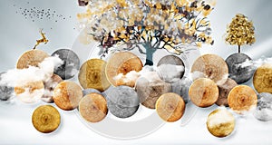 3d mural wallpaper. drawing colorful trees and circle wood and sky in light gray background.