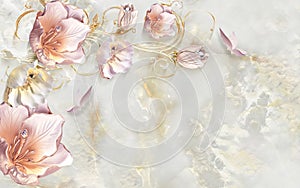 3d mural wallpaper, flowers with marble stone background