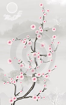 3d mural wallpaper foe canvas for frames digital graphic like the impression of drawing  . Branches of flowers multi-colors and si