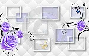 3d mural wallpaper with gray background and flower , squares and butterfly