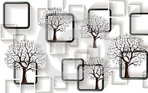 3d mural wallpaper with gray background and flower , squares , butterfly and tree modern simple background