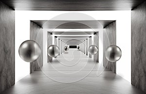 3d mural wallpaper . illustration background tunnel with sphere . empty hall background