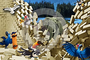 3d mural wallpaper landscape and brocken bricks wall . cartoon rio a parrot, birds Elephant in background