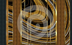 3d mural wallpaper. Modern wall decor abstract, golden lines, and marble and wooden and black shapes