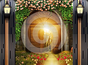 3d mural wallpaper with old door , flowers branches and road . green leafs tree . night view with Old lantern