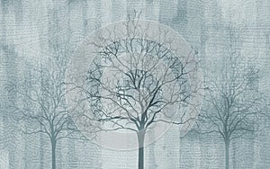 3d mural wallpaper trees in winter snow with branches and flowers. flowers and leaves on drawing gray background