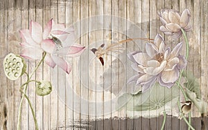 3d mural wallpaper,watercolor painting of Lotus flowers with Wooden texture background