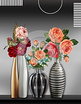 3d mural wallpaper white and black illustartion vases with flowers bouquet rose  on black gray background . Suitable for use flowe