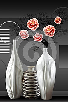 3d mural wallpaper white and black vase with rose flowers on black background . Suitable for use on a wall frame