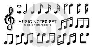 3d Music notes symbols black color set. Vector realistic icon collection of classic music simbol.