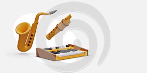 3D musical instruments. Saxophone, synthesizer, flute. Lessons in music school, choice of direction