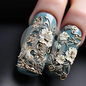 3D nail art with shades of green and adorned with detailed gold filigree designs