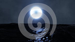 3D nature background. Abstract moon in the night sky. Animation of storm. Ocean waves, moonlight reflection on water surface