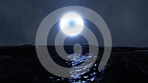 3D nature background. Abstract moon in the night sky. Illustration of storm. Ocean waves, moonlight reflection on water surface