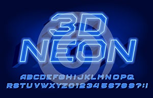3D Neon alphabet font. Glowing neon letters and numbers.