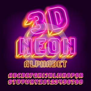 3D Neon alphabet font. Glowing neon light letters and numbers.