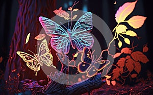 3D neon forest with colorful butterfly. Fantasy, Minimal, Clean, 3D Render, Surrealistic, Photographic Style, illustration, Close