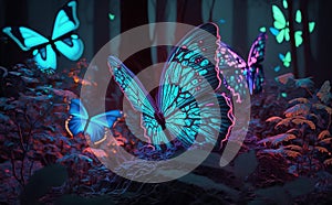 3D neon forest with colorful butterfly. Fantasy, Minimal, Clean, 3D Render, Surrealistic, Photographic Style, illustration, Close