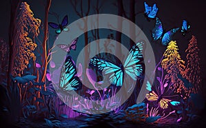 3D neon forest with colorful butterfly. Fantasy, Minimal, Clean, 3D Render, Surrealistic, Photographic Style, illustration, Close