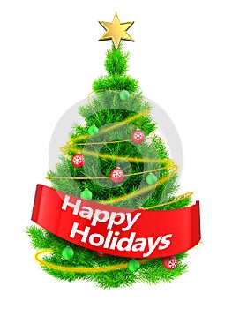 3d neon green Christmas tree with happy holidays sign