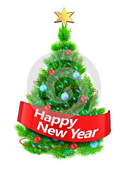 3d neon green Christmas tree with happy new year sign
