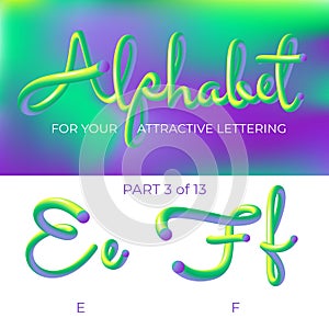 3D neon led alphabet font. Logo E letter, F letter with rounded shapes. Matte three-dimensional letters from the tube, rope green