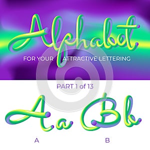 3D neon led alphabet font. Logo A letter, B letter with rounded shapes. Matte three-dimensional letters from the tube, rope green