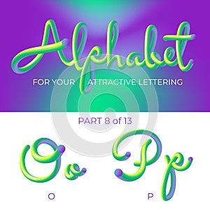 3D neon led alphabet font. Logo O letter, P letter with rounded shapes. Matte three-dimensional letters from the tube, rope green