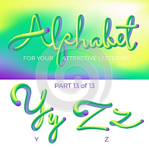 3D neon led alphabet font. Logo Y letter, Z letter with rounded shapes. Matte three-dimensional letters from the tube, rope green