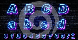 3D Neon letters A-D. Neon blue font english. City blue font. Neon city color blue font. English alphabet and numbers sign. Vector