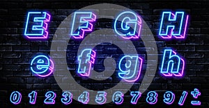 3D Neon letters E-H. Neon blue font english. City blue font. Neon city color blue font. English alphabet and numbers sign. Vector