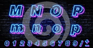 3D Neon letters M-P. Neon blue font english. City blue font. Neon city color blue font. English alphabet and numbers sign. Vector