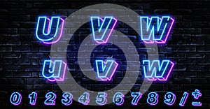 3D Neon letters U-W. Neon blue font english. City blue font. Neon city color blue font. English alphabet and numbers sign. Vector