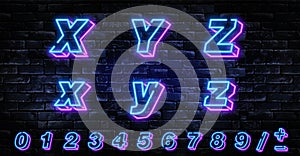 3D Neon letters X-Z. Neon blue font english. City blue font. Neon city color blue font. English alphabet and numbers sign. Vector