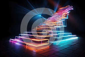 3D Neon Stairway Ascends Amidst Vibrant Lights Against Dark Backdrop