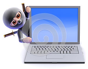 3d Ninja assassin behind laptop pc