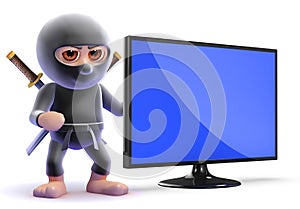 3d Ninja assassin next to a flatscreen lcd tv