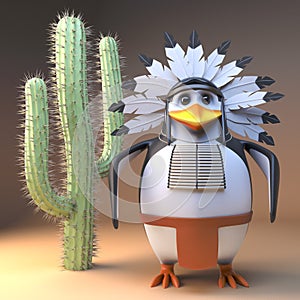 3d Noble native American Indian chieftain in traditional feathered headdress standing in front of an old cactus in the desert, 3d
