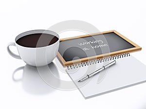 3d notepad and cup of coffee. working at home concept on white b