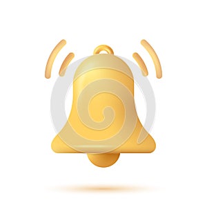 3d notification bell icon in cartoon style. 3D gold bell isolated on white background. Icon for new message, reminder, alert