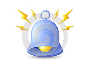 3d notification bell icon. Realistic render blue ringing bell. Subscription reminder alert. Vector illustration