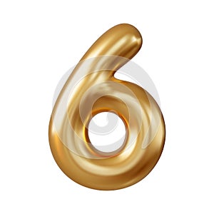 3d Number 6. six Number sign gold color.